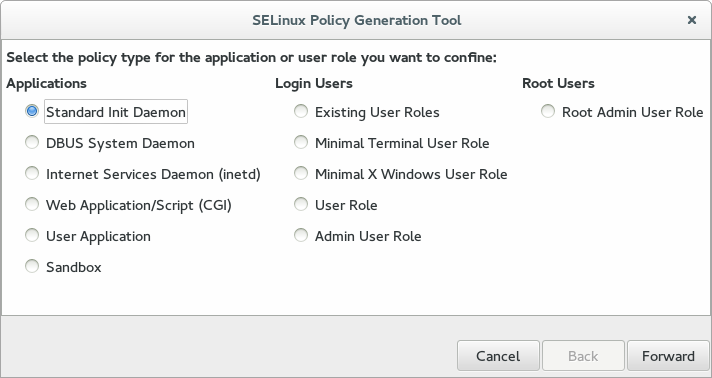 SELinux Policy Generation Tool, screen 1